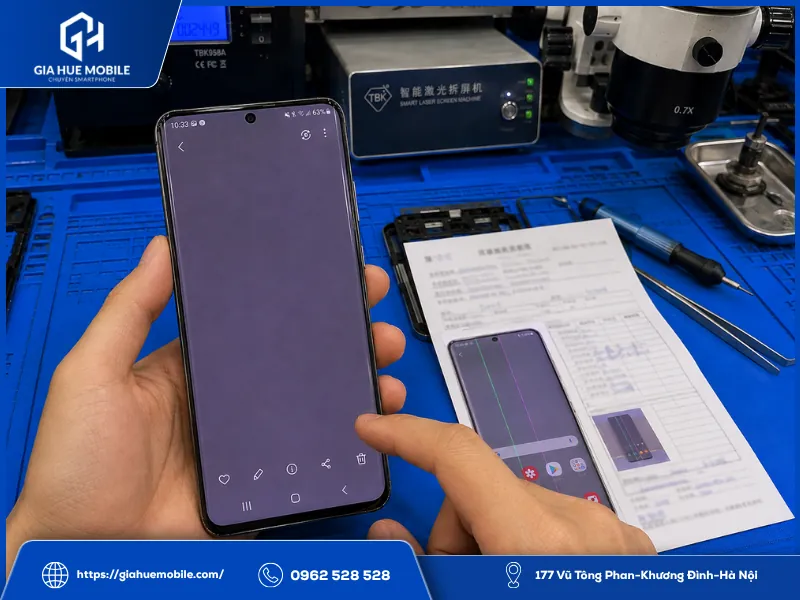 Kiểm tra vệt ám S20 Ultra sau sửa sọc màn hình