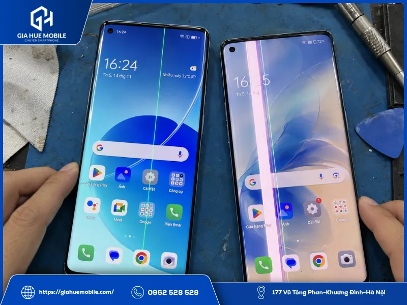 Các dạng sọc xanh trắng và hồng trên màn hình OPPO Reno 6 ProCác dạng sọc xanh trắng và hồng trên màn hình OPPO Reno 6 Pro