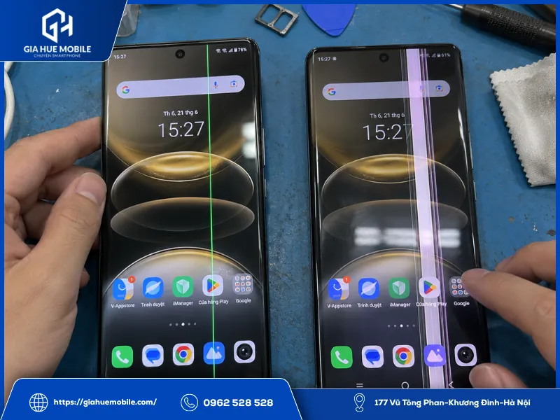 Các dạng sọc xanh hồng trắng thường gặp trên màn hình Vivo X100s Pro