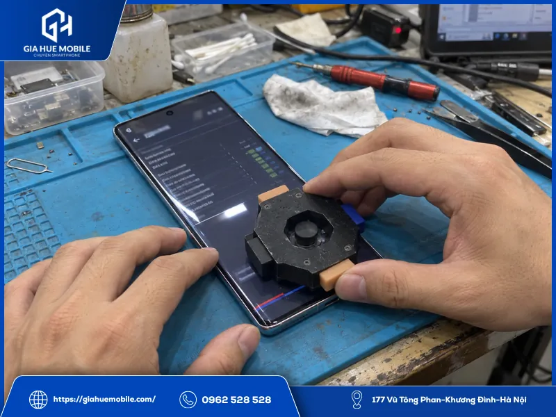 Kỹ thuật viên cân chỉnh vân tay iQOO 10 Pro bằng thiết bị chuyên dụng