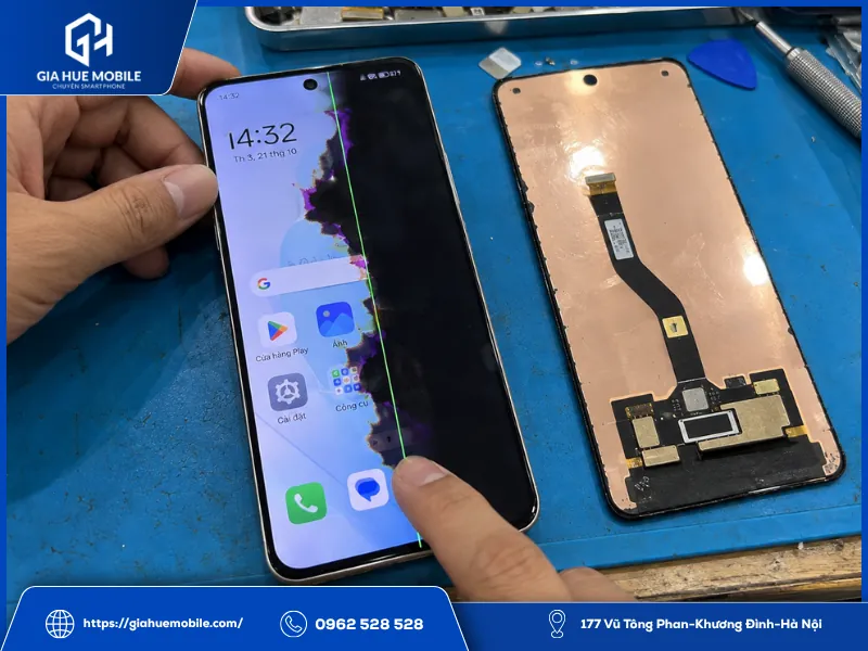 OPPO Reno 14 bị sọc xanh kèm chảy mực và mất hiển thị cần kiểm tra thay màn hình